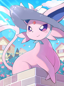 ambiguous_gender building clothing day duo feral flower forked_tail hat hat_only headgear headgear_only headwear headwear_only low-angle_view lying mostly_nude on_front outside pink_body plant purple_eyes quadruped red_flower sky smile solo_focus tail thin_tail unusual_anatomy unusual_tail komanyachi nintendo pokemon eeveelution espeon generation_2_pokemon pokemon_(species) umbreon absurd_res colored digital_drawing_(artwork) digital_media_(artwork) hi_res shaded