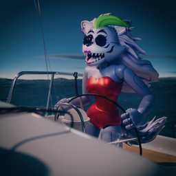 anthro ear_piercing ear_ring eyewear facial_markings female green_highlights head_markings highlights_(coloring) lipstick machine makeup markings on_boat piercing pseudo_clothing purple_lipstick ring_piercing sea solo sunglasses water anonamine five_nights_at_freddy's five_nights_at_freddy's:_security_breach scottgames steel_wool_studios roxanne_wolf animatronic canid canine canis mammal robot wolf blender_(artwork) digital_media_(artwork) hi_res