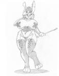 2018 anthro armwear big_breasts breasts bridal_gauntlets buzz_brambles camel_toe cheek_tuft claws clothing collar corset curvy_figure ear_piercing facial_tuft female greyscale hat headgear headwear holding_object lagomorph leather legwear leporid lingerie mammal monochrome nipple_tape nipples on_one_leg pasties piercing rabbit riding_crop simple_background sketch solo standing tape the_outfit thigh_highs thong toe_claws topwear tuft underwear voluptuous whip wide_hips wolfkidd