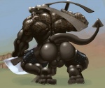 anthro anus axe backsack balls big_penis butt crouching fangs fantasy_weapon foreskin furgonomics furry-specific_piercing genitals grass half-erect humanoid_genitalia humanoid_penis looking_at_viewer looking_back male melee_weapon muscular muscular_anthro muscular_male nude outside partially_retracted_foreskin penis piercing plant raised_tail rear_view sky solo spade_tail tail teeth weapon yellow_eyes birdy final_fantasy final_fantasy_xiii square_enix scalie