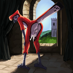 anthro avian_feet backsack balls beak bent_over butt feathers genitals looking_at_viewer male nude smile solo standing tail tail_feathers tazal avian bird digital_media_(artwork) hi_res