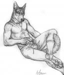 5_fingers anthro claws clothed clothing digitigrade feet fingers footwear fur hindpaw legwear male pawpads paws reclining scar simple_background smile socks solo tail toe_claws topless white_background rukis luther_denholme canid canine canis mammal wolf 2015 greyscale monochrome sketch