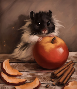 ambiguous_gender apple black_body black_fur cinnamon_(spice) claws feral floor fluffy food fruit fur plant pumpkin quadruped red_nose solo whiskers white_body white_fur wood wood_floor alexpahomov cricetid hamster mammal rodent syrian_hamster 2022 hi_res