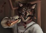 5_fingers anthro black_hair blood bodily_fluids clothed clothing fingers fur hair implied_violence male open_mouth solo teeth tongue white_body white_fur wolnir canid canine canis mammal wolf digital_media_(artwork)