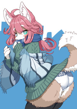 anthro black_clothing black_legwear black_thigh_highs blue_eyes blue_scarf blush breath brown_body brown_fur butt clothed clothing female frilly frilly_clothing frilly_panties frilly_underwear fur green_clothing green_sweater green_topwear hair inner_ear_fluff kemono legwear long_hair looking_at_viewer panties pantsless pink_hair scarf solo standing sweater tail thigh_highs topwear tuft underwear white_body white_clothing white_fur white_panties white_underwear koorinezumi canid mammal hi_res