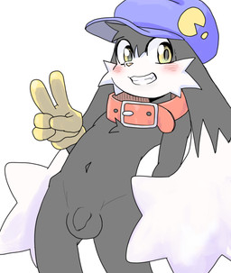 anthro balls blush cheek_tuft clothed clothing collar facial_tuft flaccid foreskin genitals gesture gloves grin hand_gesture handwear hat headgear headwear humanoid_genitalia humanoid_penis kemono long_ears looking_at_viewer male mostly_nude navel partially_clothed penis simple_background smile solo teeth tuft v_sign white_background young young_anthro third-party_edit wata_(artist) bandai_namco klonoa_(series) pac-man_(series) klonoa pac-man domestic_cat felid feline felis hybrid lagomorph leporid mammal rabbit censor_removal_edit digital_media_(artwork) hi_res
