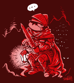 anthro armor bodily_fluids cape clothed clothed_anthro clothed_male clothing ellipsis hair headgear helmet holding_lantern holding_melee_weapon holding_object holding_sword holding_weapon lamp lantern looking_at_viewer male melee_weapon solo speech_bubble sweat sword text weapon shyguy9 elden_ring fromsoftware pith demon imp 2022 artist_name dated red_theme restricted_palette