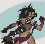 anthro belt bottomwear clothing eye_patch eyewear female green_eyes kick light_armor loincloth scar smile smirk solo teeth vandclash gnoll hyena mammal hi_res