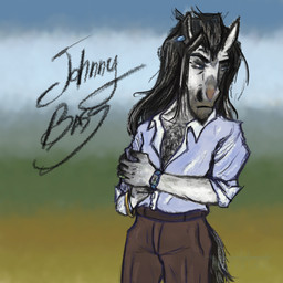anthro blue_eyes bottomwear clock clothed clothing ear_piercing ear_ring johnny_bass male open_clothing open_shirt open_topwear pants piercing ring_piercing shirt topwear watch vandclash equid equine horse mammal 1:1 colored_sketch hi_res sketch