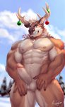 2020 abs absurd_res anthro antlers balls biceps blue_eyes body_hair bottomwear brown_body brown_fur candy cane christmas christmas_ornament clothing deer dessert erection evergreen_tree facial_hair food food_in_mouth front_view fur genitals happy_trail hi_res holidays horn humanoid_genitalia humanoid_penis looking_at_viewer male mammal multicolored_body multicolored_fur muscular muscular_anthro muscular_male neck_tuft new_world_deer nipples nude open_mouth outside pecs penis pine_tree pinup plant portrait pose presenting presenting_penis quads raytig12 reindeer sky snow solo standing teeth three-quarter_portrait tree triceps tuft two_tone_body two_tone_fur white_body white_fur