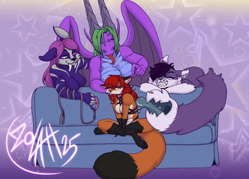 ambiguous_gender anthro big_breasts blush blush_lines breasts collar ear_piercing ear_stud featureless_breasts female forked_tongue fur furniture gloves_(marking) green_hair group hair harness horn leash leashed_collar leg_markings licking markings on_sofa orange_body orange_fur piercing pink_eyes purple_body purple_fur red_hair sitting sitting_on_sofa smile socks_(marking) sofa striped_body striped_fur stripes tail tail_mouth tongue tongue_out unusual_anatomy unusual_tail zolah mythology piper_perri_surrounded cy_tyreth poojawa savie_(saviena) tess_(morgaith) canid canine canis dragon fox hybrid mammal mythological_creature mythological_scalie scalie wolf 2025 digital_drawing_(artwork) digital_media_(artwork) meme nonbinary_(lore)