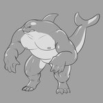 anthro dorsal_fin eyes_closed fin flukes grey_background male mid_transformation muscular muscular_anthro muscular_male nipples nude simple_background solo standing tail transformation awarebear cetacean mammal marine werecetacean werecreature wereorca 1:1 monochrome