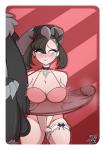 balls big_breasts big_penis blush breasts duo female genitals hand_on_head huge_penis human_focus humanoid_genitalia humanoid_penis interspecies looking_at_genitalia looking_at_penis male male/female not_furry_focus penis pokephilia simple_background solo_focus rolrae nintendo pokemon marnie_(pokemon) generation_8_pokemon human mammal obstagoon pokemon_(species) absurd_res hi_res