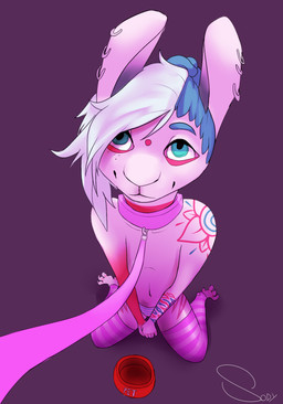 anthro bdsm bowl clothing collar container dreadlocks ear_piercing femboy hair hair_over_eye leash legwear looking_at_viewer male one_eye_obstructed pet_bowl petplay piercing roleplay solo stockings sody lagomorph leporid mammal rabbit hi_res