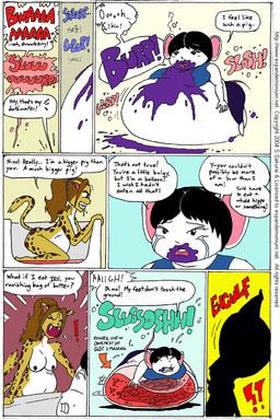 anthro belly big_belly big_breasts black_hair breasts duo female female_pred female_prey fur hair huge_belly inside nude nude_female oral_vore overweight speech_bubble text vore white_body white_fur yellow_body yellow_fur s.sakurai felid leopard mammal mouse murid murine pantherine rodent 2004 comic english_text