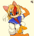 alternate_costume anthro blue_eyes breasts clothed clothing cosplay female fur hair kerchief looking_at_viewer multicolored_hair solo two_tone_hair yellow_body yellow_fur awr_hey capcom street_fighter alexis_(sleeps-darkly) sakura_kasugano bandicoot mammal marsupial 2020 hi_res