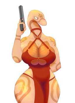 anthro big_breasts breasts bright_colors clothing dress female gun handgun huge_breasts pistol ranged_weapon red_clothing simple_background solo thick_thighs tight_clothing weapon sterka reptile scalie snake absurd_res hi_res