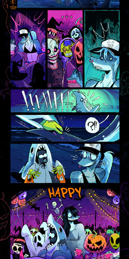 ambiguous_gender anthro blue_body blue_hair clothed clothing costume exclamation_point facial_piercing female fin fingers freckled_face freckled_shoulders freckles gloves group hair handwear hat headgear headwear holidays long_hair male night nose_piercing outside piercing pink_eyes ponytail scared septum_piercing sharp_teeth smile teeth witch_hat herny halloween scary_movie scream_(films) the_ring ghostface_(scream) jawlene_(herny) sadako_yamamura aquatic fish human mammal shark absurd_res colored comic digital_media_(artwork) hi_res