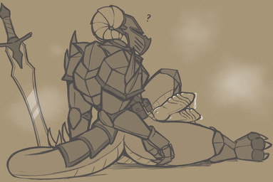 2_penises anthro armor bodily_fluids butt cuirass digitigrade dripping genital_fluids genitals greaves headgear helmet horn horned_helmet knot leaking_precum looking_back male melee_weapon multi_genitalia multi_penis musk penis plate_armor precum precum_drip question_mark ridged_penis scales sitting solo spiked_tail spikes spikes_(anatomy) sword sword_in_ground tail thagomizer weapon servopilot mythology dragon mythological_creature mythological_scalie scalie hi_res monochrome nonbinary_(lore)