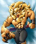 2001 4_fingers 5:6 abs ambiguous_gender anthro bandai_namco belt blue_eyes bottomwear claws clothed clothing digimon digimon_(species) ear_piercing felid fingers karabiner leomon male mammal mane melee_weapon muscular muscular_anthro muscular_male pants pecs piercing solo sword topless vein weapon