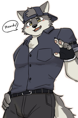 anthro backwards_baseball_cap backwards_hat baseball_cap belt blush bottomwear clothing dialogue fangs fingerless_gloves fur furgonomic_headwear furgonomics gloves greeting_viewer grey_body grey_fur hair hair_through_hat handwear hat headgear headwear looking_at_viewer male mechanic multicolored_body multicolored_fur muscular muscular_male open_mouth pants shirt simple_background smile smiling_at_viewer solo standing tail talking_to_viewer teeth tongue topwear two_tone_body two_tone_fur white_background yellow_eyes northwoooof mech_(northwoooof) canid canine canis mammal wolf hi_res