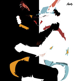 anthro baseball_cap black_body black_eyes black_sclera blue_clothing blue_underwear blush bodily_fluids bulge clothing collar duo ear_piercing ear_ring genital_fluids half-closed_eyes hat head_grab headgear headwear hug kemono male narrowed_eyes negative_space piercing precum precum_through_clothing precum_through_underwear ring_piercing scarf side_view sitting tenting underwear wet wet_clothing white_body white_eyes yellow_clothing yellow_sclera yellow_underwear onion_y1 domestic_cat felid feline felis lagomorph leporid mammal rabbit hi_res signature