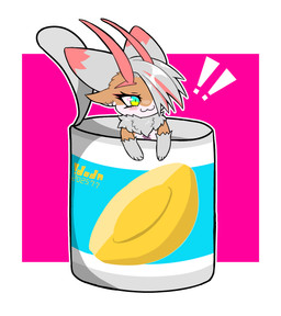 4_ears 4_fingers :3 ambiguous_gender antennae_(anatomy) anthro blue_eyes blush brown_body canned_food ear_piercing exclamation_point eyeshadow fingers fluffy food fruit fur fur_tuft grey_body grey_ears grey_fur grey_hair hair kemono makeup markings multi_ear multicolored_body multicolored_fur one_eye_obstructed peach_(fruit) piercing pink_body pink_ears pink_eyeshadow pink_hair plant simple_background solo tuft undercut yellow_eyes !dodn poraria_(!dodn) aquatic aquatic_gastropod gastropod mollusk sea_snail snail absurd_res hi_res