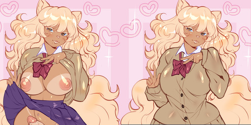 alternative_fashion anthro big_breasts blush breasts erection fur genitals gesture gyaru gynomorph hand_gesture intersex j-fashion penis presenting presenting_penis solo tan_body tan_fur v_sign yuwi-cyu fan_character domestic_cat felid feline felis mammal hi_res