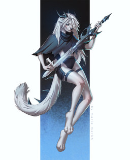 anthro blue_eyes blue_horn clothed clothing eyelashes female hair holding_melee_weapon holding_object holding_sword holding_weapon horn long_hair looking_at_viewer melee_weapon mouth_closed simple_background solo spiked_tail spikes spikes_(anatomy) sword tail text weapon white_body white_hair white_tail marie_merkh species_request absurd_res artist_name hi_res