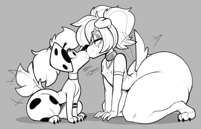 3_toes anthro bedroom_eyes big_butt bodily_fluids butt claws clothing collar duo eye_contact eyeshadow feet female femboy feral hair heart_symbol huge_butt kiss_on_lips kissing looking_at_another makeup male motion_blur motion_lines narrowed_eyes nipple_outline onomatopoeia pigtails pimple ponytail saliva seductive shirt sound_effects t-shirt tail tail_motion tailwag text thick_thighs toe_claws toes topwear wide_eyed dongitos gerry_(dongitos) canid canine canis dalmatian domestic_dog mammal