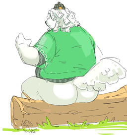 anthro belly bottomless bottomless_anthro bottomless_male butt clothed clothing fur hair hair_over_eyes log male overweight sitting solo white_body white_fur wood guoke0226 mihoyo petit_planet mobai_(petit_planet) canid canine canis domestic_dog herding_dog mammal pastoral_dog sheepdog hi_res