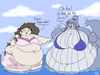 4_fingers 5_fingers anthro belly big_belly big_breasts bikini bikini_top biped blue_body blue_eyes blue_skin blush breasts brown_hair burger cleavage clothed clothing dialogue double_chin duo ear_markings exclamation_point eye_contact eyebrows eyelashes female fingers food fur grey_body grey_skin hair holding_food holding_object huge_belly huge_breasts huge_hips huge_thighs hyper hyper_belly hyper_breasts hyper_hips looking_at_another love_handles markings midriff morbidly_obese morbidly_obese_anthro morbidly_obese_female navel nipple_outline obese obese_anthro obese_female open_mouth overweight overweight_anthro overweight_female pattern_clothing pink_clothing pink_topwear purple_clothing purple_hair purple_topwear question sea sky skyscape smile spots spotted_markings standing swimwear tail tan_body tan_fur teeth text thick_thighs tight_clothing tongue topwear two-piece_swimsuit water white_eyes wide_hips batspid2 gaia_(batspid2) moon_(lotsofmoon) aquatic cetacean domestic_cat felid feline felis mammal 2018 4:3 digital_drawing_(artwork) digital_media_(artwork) english_text flat_colors signature