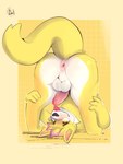 anthro anus balls bodily_fluids butt fur genital_fluids genitals highlights_(coloring) humanoid_genitalia humanoid_penis male nude penis perineum pink_anus pink_penis precum presenting presenting_hindquarters purple_highlights simple_background solo tongue tongue_out yellow_background yellow_body yellow_eyes yellow_fur alikiwii canid canine mammal 2023 3:4 absurd_res colored hi_res