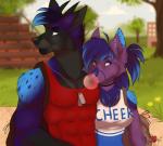 anthro bleachers blue_eyes breasts clothed clothing day dog_tags duo female grass hair male outside plant purple_eyes purple_hair shirt smile tank_top topwear purrchinyan ellie_blue canid canine canis mammal wolf digital_media_(artwork) hi_res