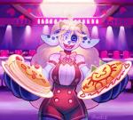 :3 anthro big_breasts blonde_hair blush bow_(feature) bow_tie breasts clothing female food hair heart_symbol horn ketchup looking_at_viewer omelette one_eye_closed open_mouth pancake smile solo waiter conditional_dnp irootie heartthrob_cafe kix_(irootie) bovid bovine cattle domestic_cat felid feline felis mammal absurd_res hi_res