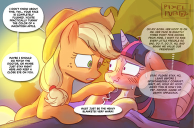 accessory bed blush blush_lines cartoon_freckles clothing cowboy_hat dialogue duo eyelashes female feral freckled_face freckles furniture hair_accessory hair_tie hat headgear headwear horn long_eyelashes pillow text pixelpub friendship_is_magic hasbro my_little_pony mythology applejack_(mlp) twilight_sparkle_(mlp) earth_pony equid equine horse mammal mythological_creature mythological_equine pony unicorn english_text hi_res