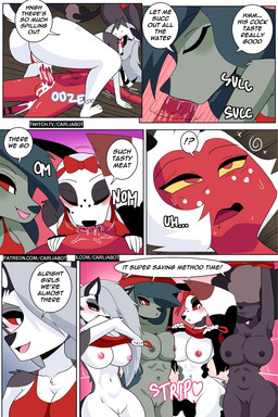 anthro areola big_breasts black_body black_fur bodily_fluids breasts clothing cum cum_in_vagina cum_inside dialogue eyebrows feet fellatio female female_penetrated fingers freckled_face freckles fur genital_fluids genitals grey_hair group hair heart_symbol horn lifeguard lifeguard_swimsuit male male/female male_penetrating male_penetrating_female nipples oral penetration penile penis red_body red_sclera red_skin sex speech_bubble tail text toes undressing vaginal vaginal_penetration vulva waking_up white_body white_fur white_hair carliabot hellaverse helluva_boss mythology gigi_(helluva_boss) loona_(helluva_boss) moxxie_(helluva_boss) ruffette_(helluva_boss) ruffie_(helluva_boss) canid canid_demon canine canis dalmatian demon domestic_dog hellhound hunting_dog imp mammal mythological_canine mythological_creature poodle saluki sighthound 2025 2:3 comic english_text hi_res url