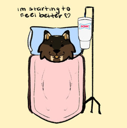 anthro bed brown_body brown_fur container cup dipstick_ears ear_markings fur furniture heart_symbol iv_stand lying lying_on_bed male markings multicolored_ears on_back on_bed pillow simple_background snaggle_teeth solo text yellow_background mephistofleas sonic_drive-in digital_drawing_(artwork) digital_media_(artwork) english_text hi_res