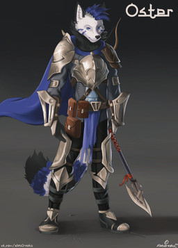 anthro armor axe blue_cloak blue_clothing blue_eyes blue_hair blue_stripes bow_(weapon) cloak clothing fur gloves hair handwear leather leather_clothing leather_gloves leather_handwear longbow male markings medieval ranged_weapon solo standing steel_armor striped_markings striped_tail stripes tail tail_markings text warrior weapon white_body white_fur xleb0rezka canid canine fox mammal hi_res url