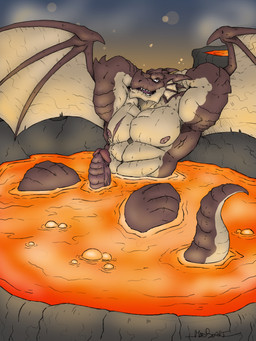anthro erection genitals glans lava lava_bath male membrane_(anatomy) membranous_wings muscular muscular_male nipples nude penis red_eyes relaxing solo spring tail volcano wings madboart fairy_tail mythology igneel_(fairy_tail) dragon mythological_creature mythological_scalie scalie 3:4 hi_res