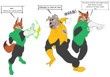anthro bodysuit bulge clothing dialogue duo fight gloves handwear male power punch skinsuit speech_bubble text tight_clothing white_clothing white_gloves white_handwear yellow_clothing yellow_gloves yellow_handwear yellow_lantern cxcxxcxxxx green_lantern green_lantern_(series) canid canine canis domestic_dog fox mammal 2026 absurd_res english_text hi_res