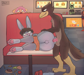 anal anal_penetration anthro anthro_on_anthro anthro_penetrated anthro_penetrating anthro_penetrating_anthro anus backsack balls beak being_watched clothed clothed/nude clothing duo erection exhibitionism eye_roll fast_food fast_food_restaurant feathers food fur furniture genitals grey_body grey_fur grin humanoid_genitalia humanoid_penis looking_at_another looking_pleasured male male/male nude on_table partially_clothed pawpads penetration penile penile_penetration penis penis_in_ass public public_nudity public_sex restaurant sex smile table tail tail_feathers teeth toothed_beak underwear underwear_down jakoo_zz avian bird canid canine lagomorph leporid mammal rabbit hi_res