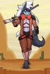 anthro armor biped black_body black_fur blue_body blue_fur clothing front_view fur grey_eyes gun hair jacket long_hair male male_anthro outside ranged_weapon smile solo topwear walking weapon white_hair bear213 fallout microsoft nintendo pokemon anu_k-9 generation_4_pokemon lucario pokemon_(species) hi_res