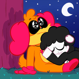 anthro black_body black_eyes black_fur black_wool duo female fur male night orange_body sleeping smile white_body wool_(fur) rocketlennon mob_entertainment nightmare_critters poppy_playtime smiling_critters baba_chops_(poppy_playtime) dogday_(poppy_playtime) bovid canid canine canis caprine domestic_dog mammal sheep hi_res