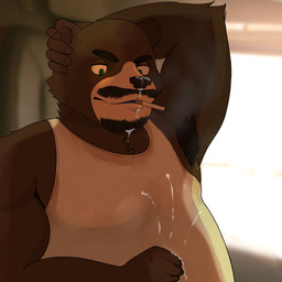 anthro armpit_hair beard bodily_fluids body_hair cigarette cigarette_in_mouth clothing cum dirty dirty_clothing facial_hair genital_fluids male masturbation mustache object_in_mouth shirt smoke smoking smoking_cigarette solo sweat tank_top topwear trucker wolfie_(wolfieslocker) bear mammal 1:1 hi_res