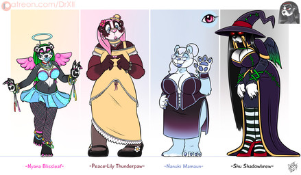 anthro big_breasts breasts clothed clothing ear_piercing ear_ring eyewear female fur glasses group hat headgear headwear huge_breasts legwear magic_user muscular muscular_female navel navel_piercing pacifier piercing ring_piercing simple_background witch witch_hat drxii blizzard_entertainment warcraft bear giant_panda mammal pandaren red_pandaren 2020 digital_media_(artwork)