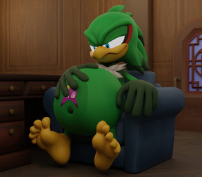 after_vore anthro barefoot blue_eyes chair duo feathers feet female furniture green_body green_feathers hand_on_belly looking_at_belly male narrowed_eyes on_chair sentient_fat sitting sitting_on_chair smile smirk tattooification vore ask-macro-rookie sega sonic_riders sonic_the_hedgehog_(series) jet_the_hawk wave_the_swallow accipitrid accipitriform avian bird hirundinid oscine passerine swallow_(bird) 2023 3d_(artwork) digital_media_(artwork) hi_res