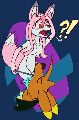 anthro bodily_fluids breasts clothing clothing_pull drooling duo exclamation_point female female_prey male male/female male_pred question_mark saliva small_breasts thong thong_pull underwear underwear_pull vore chaoshetra brand_new_animal studio_trigger cyote nazuna_hiwatashi canid canine canis coyote fox mammal absurd_res alpha_channel colored hi_res