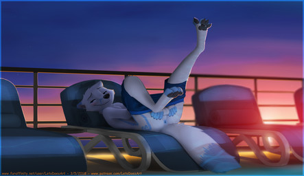 4_toes 5_fingers anthro anus balls bedroom_eyes blue_anus blue_body blue_eyes blue_fur blush bottomwear bottomwear_down claws clothed clothing detailed_background feet fingers fur genitals half-closed_eyes happy hindpaw lying male narrowed_eyes partially_clothed pawpads paws perineum presenting presenting_anus raised_leg seductive shorts shorts_down smile solo spread_legs spread_toes spreading sunset swimming_trunks swimwear tattoo toes white_body white_fur letodoesart leto_(letodoesart) arctic_fox canid canine fox mammal true_fox hi_res