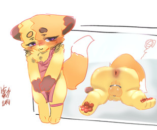 3_fingers 3_toes anthro anus apron apron_only ass_up backsack balls blush brown_ear_tips brown_hands butt chastity_cage chastity_cage_only chastity_device chastity_device_only chest_tuft clothed clothed_anthro clothed_male clothing digitigrade dipstick_ears dipstick_tail ear_markings ears_back eyebrows eyelashes feet femboy fingers fur fur_tuft genitals heart_eyes heart_symbol hindpaw legband looking_offscreen lying lying_on_ground male male_anthro markings metal multicolored_ears multiple_positions nude on_front on_ground orange_outline orange_text outline partially_clothed_anthro partially_clothed_male pawpads paws pink_apron pink_clothing pink_heart pink_legband pink_pawpads pivoted_ears simple_background slim small_waist solo standing tail tail_markings text toes tuft wearing_chastity_cage wearing_chastity_device white_background white_sclera white_tail_tip yellow_body yellow_fur young young_anthro young_male kaoshenmea fabulous_beasts murong_xuequan_(meimei) canid canine fox humanoid mammal chinese_text colored digital_drawing_(artwork) digital_media_(artwork) hi_res source_request